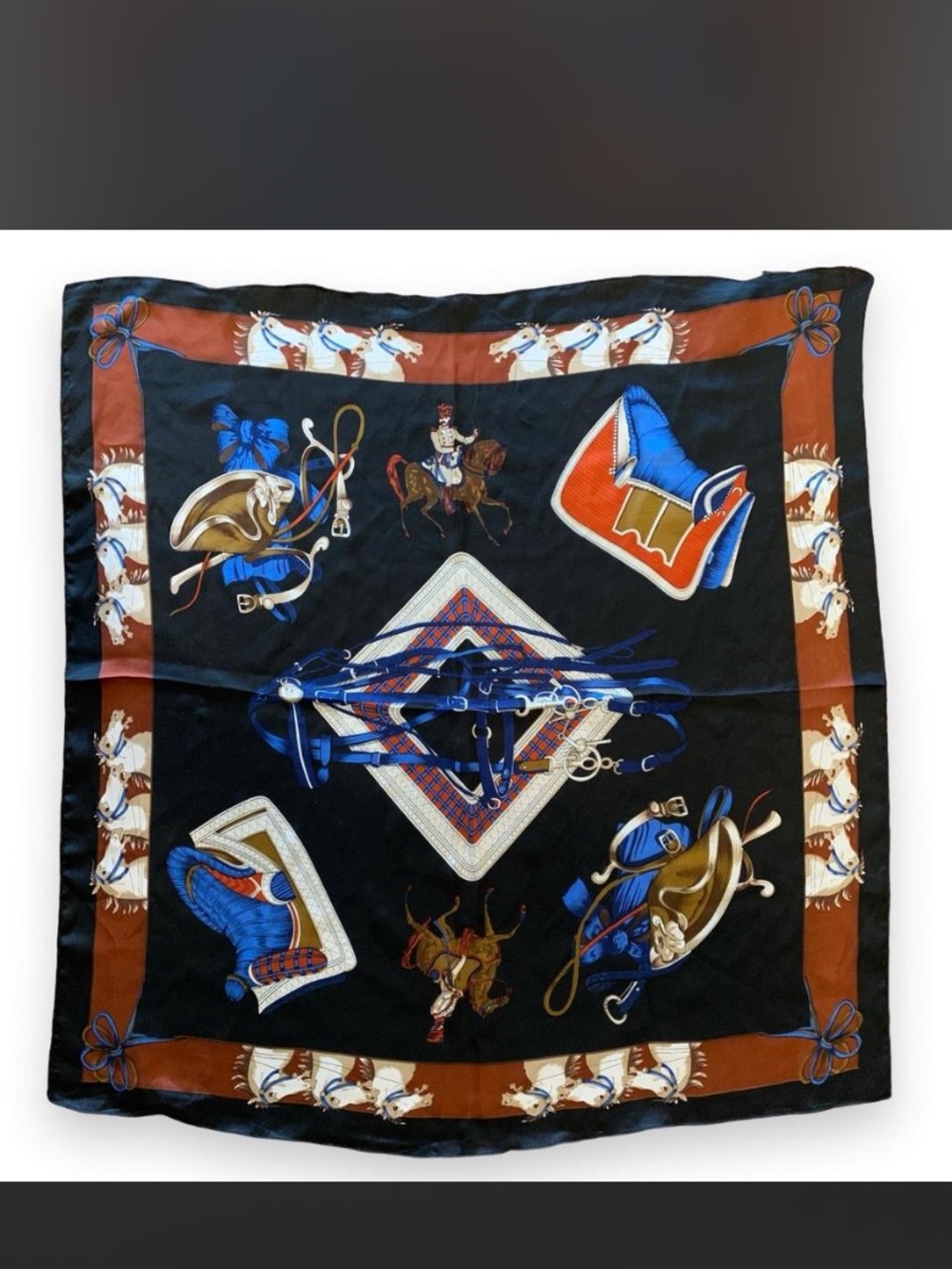 Di Firenze Equestrian Square Scarf Horse Saddle Bridle Black Brown Blue Simons
